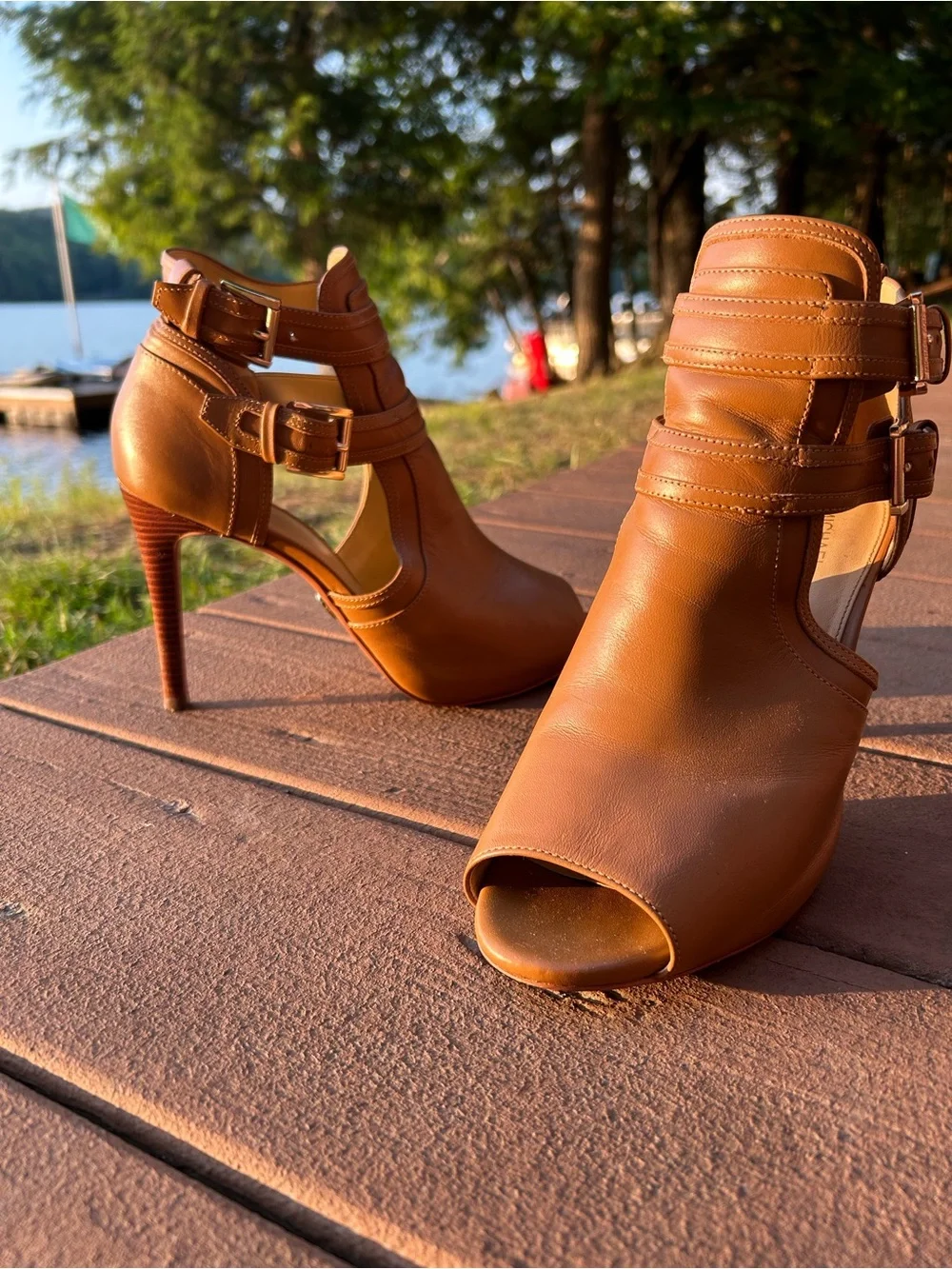 Women's Michael Kors Tan Leather Peep-Toe Heels with Buckle Straps